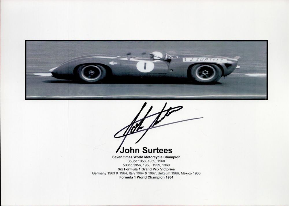 Lot 73: Motor Racing John Surtees signed 12x8 black and...