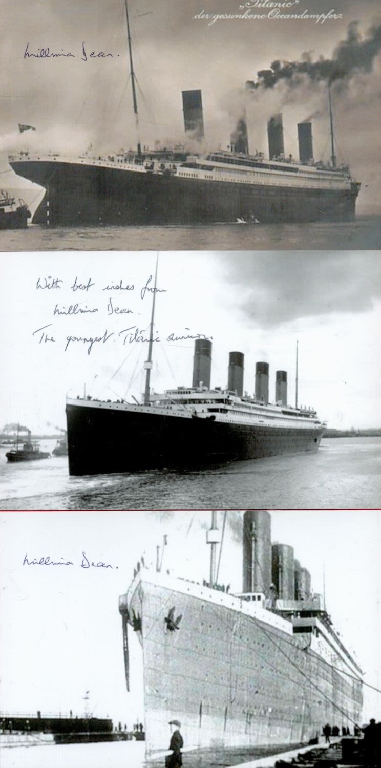 Lot 158: Millvina Dean collection three signed 6x4 Titanic black...
