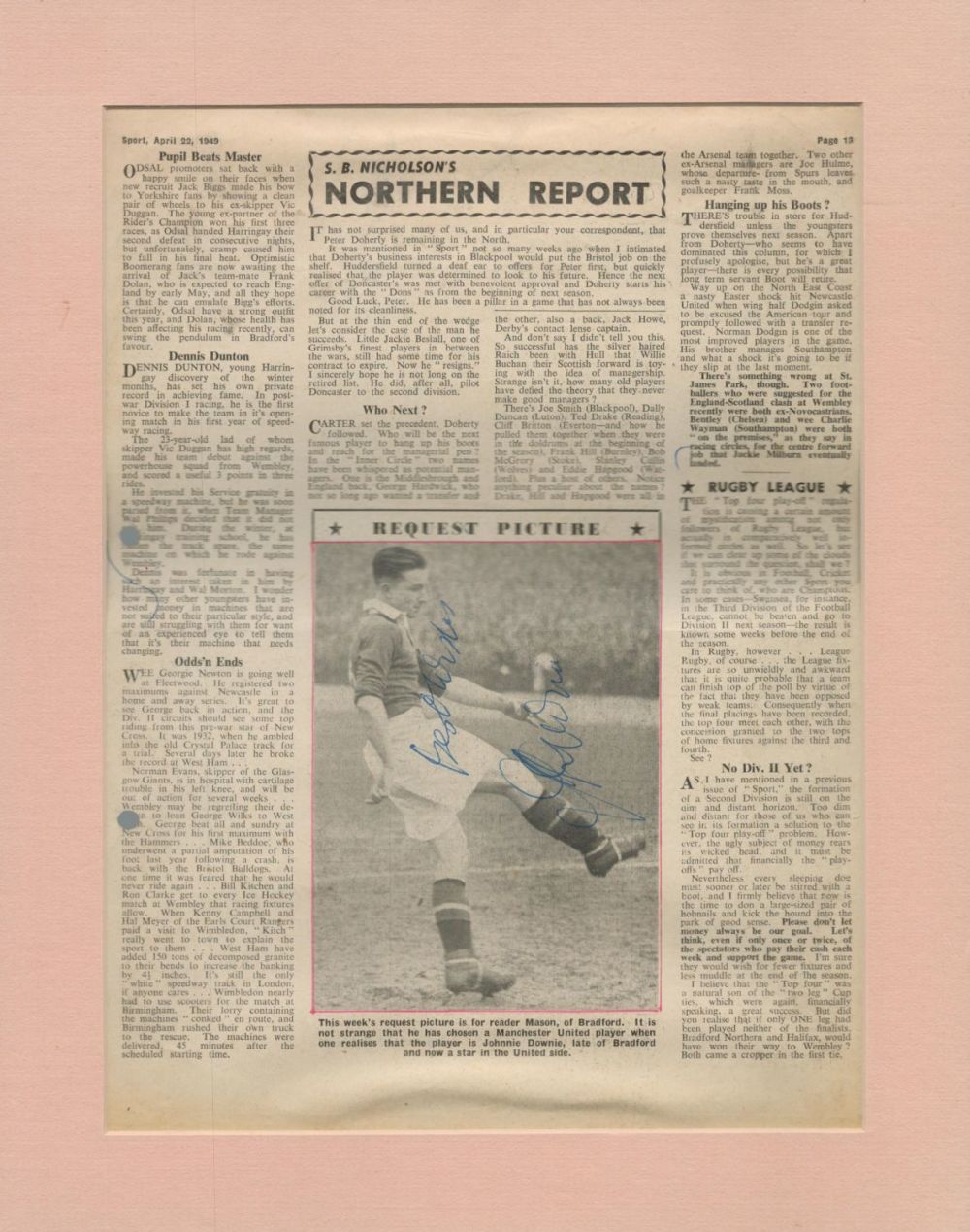 Lot 245: Man Utd Star Johnnie Downie Signed Newspaper Clipping,...