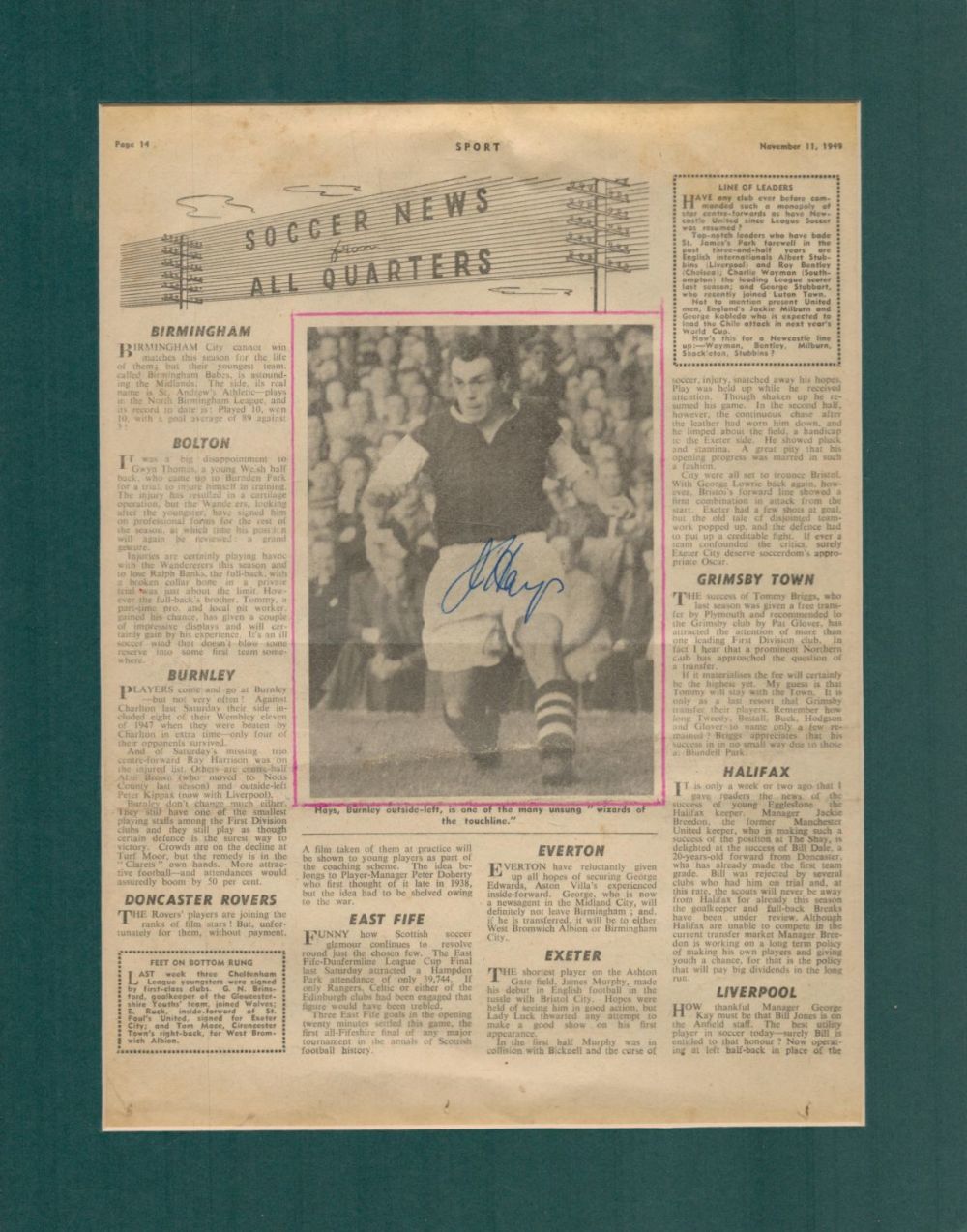 Lot 247: Former Burnley Star Johnnie Hayes Signed Newspaper Clipping...