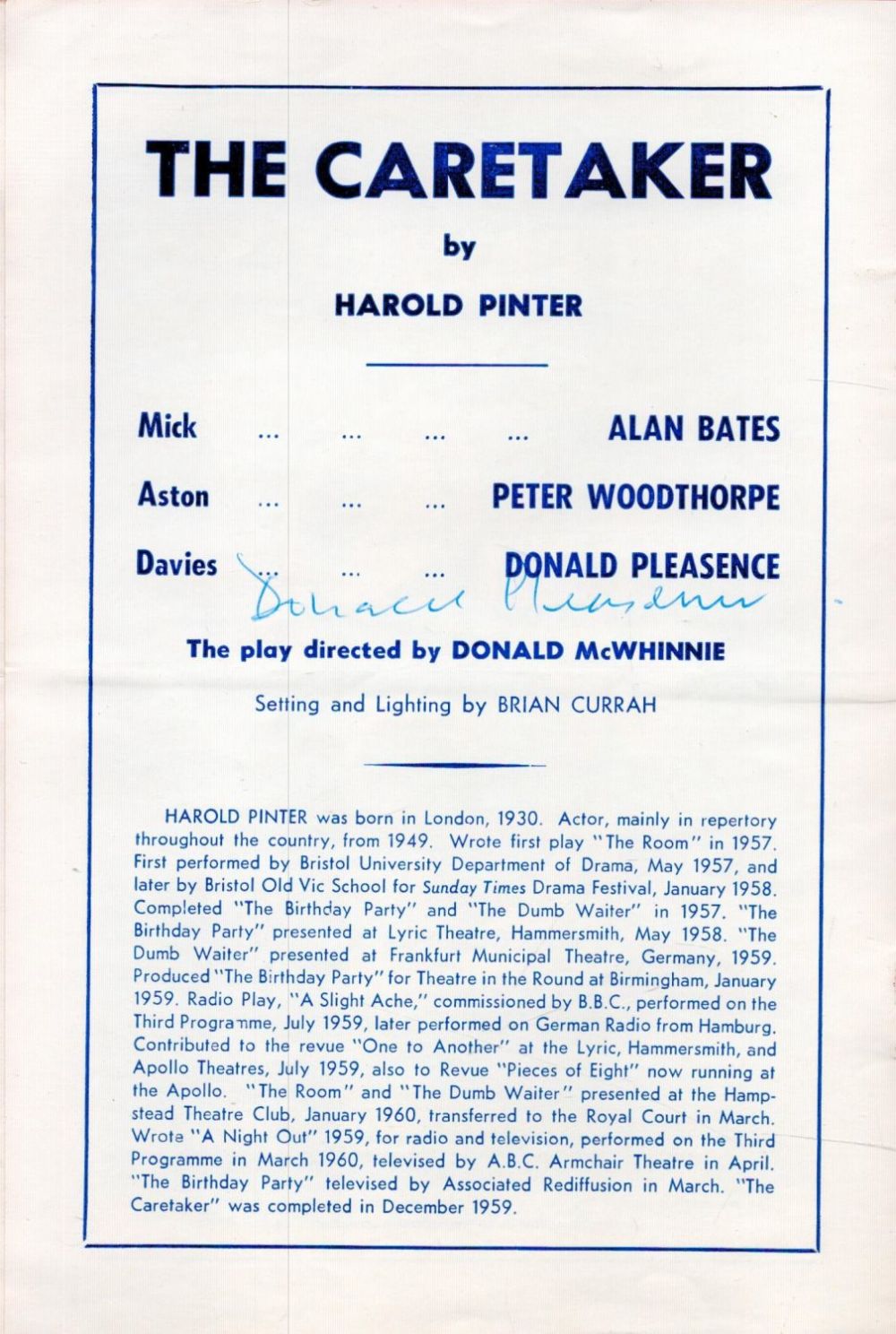 Lot 236: Donald Pleasance Signed on The Caretake Theatre Programme....
