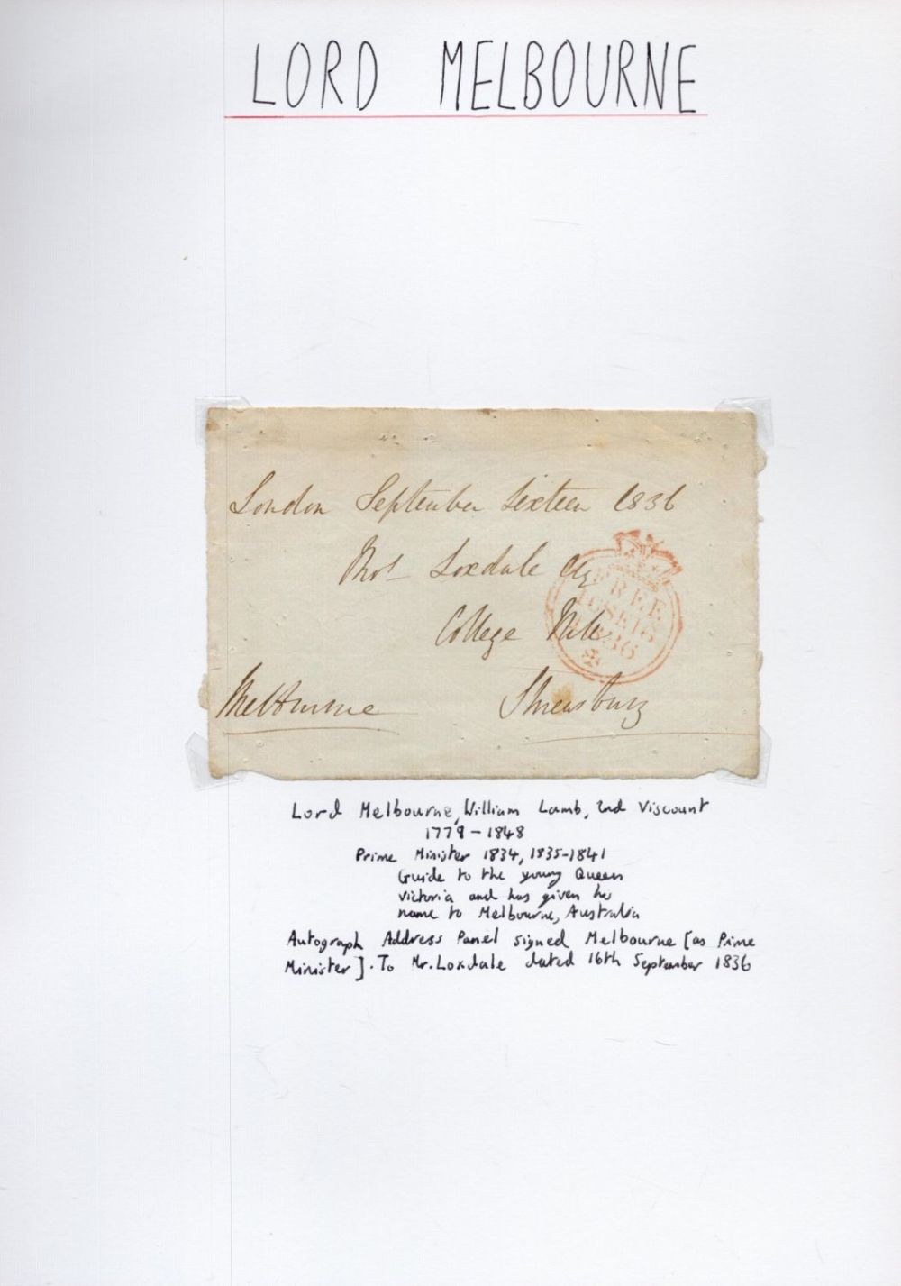 Lot 432: William Lamb Lord Melbourne 1779-1848 signed address panel...
