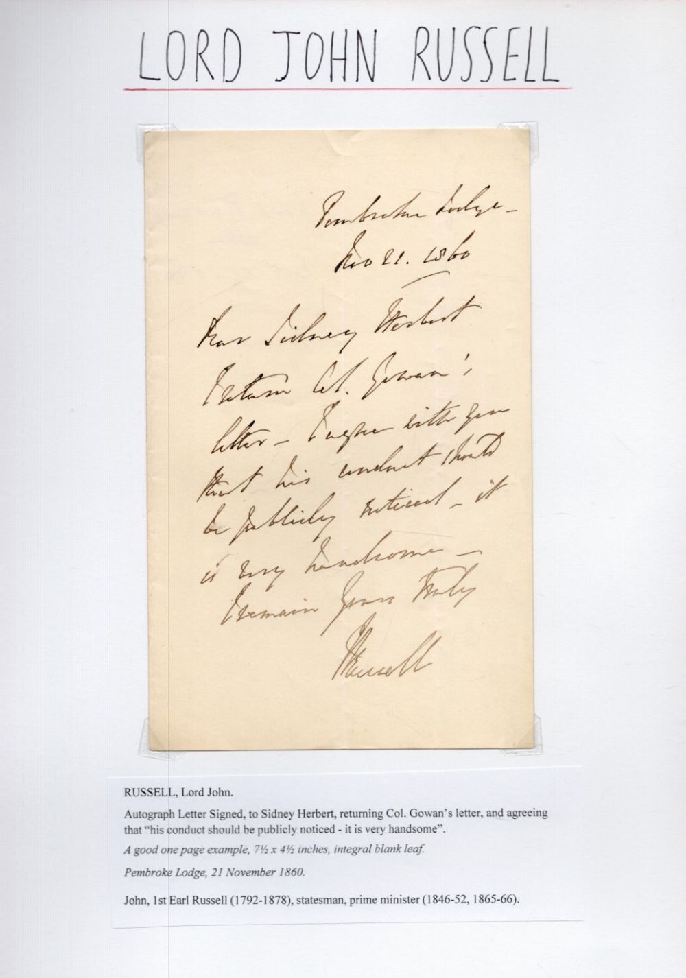 Lot 433: Lord John Russell 1792-1878 ALS signed to Sidney...