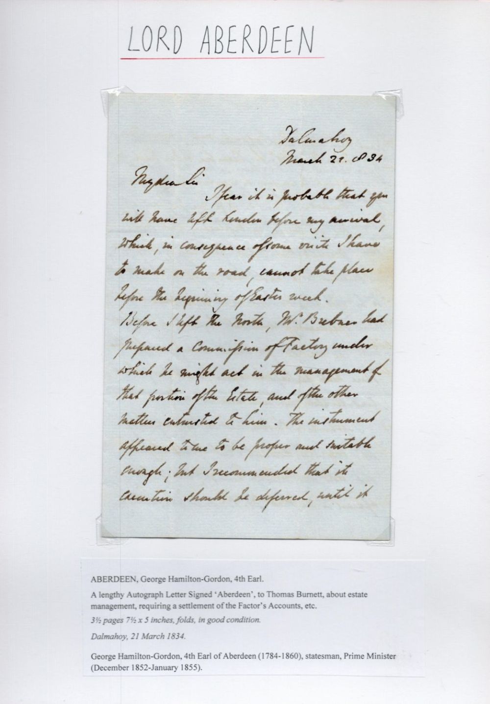 Lot 434: George Hamilton-Gordon Lord Aberdeen 1784-1860 ALS signed Aberdeen...