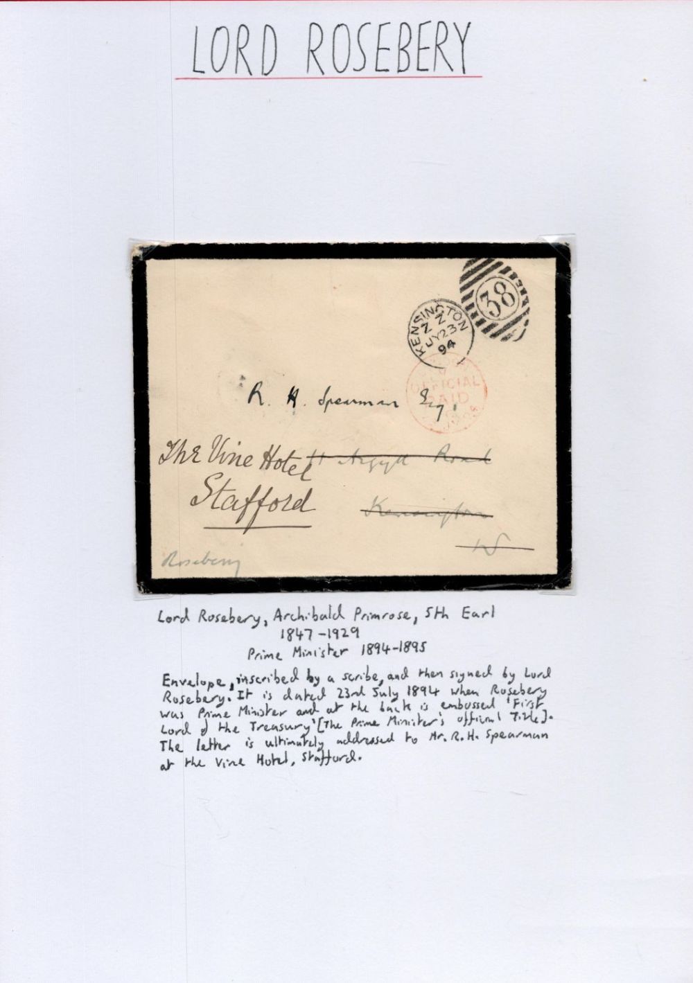 Lot 438: Archibald Primrose 5th Earl of Roseberry 1847-1929 signed...
