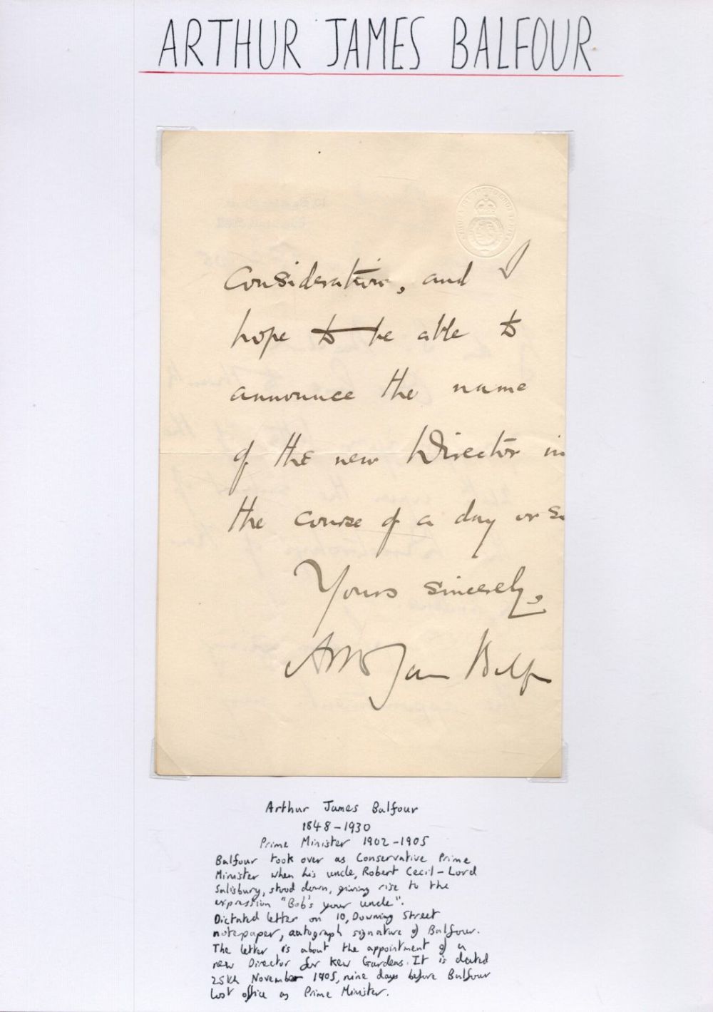 Lot 439: Arthur James Balfour First Earl Balfour 1848-1930 dictated...