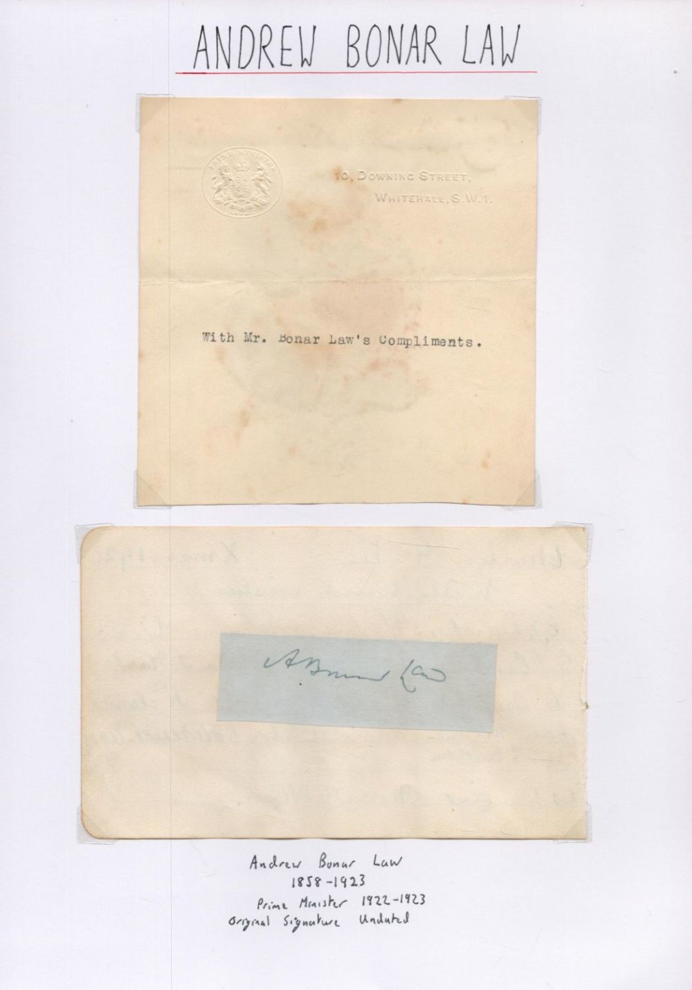 Lot 441: Andrew Bonar Law 1858-1923 signed page cutting mounted...