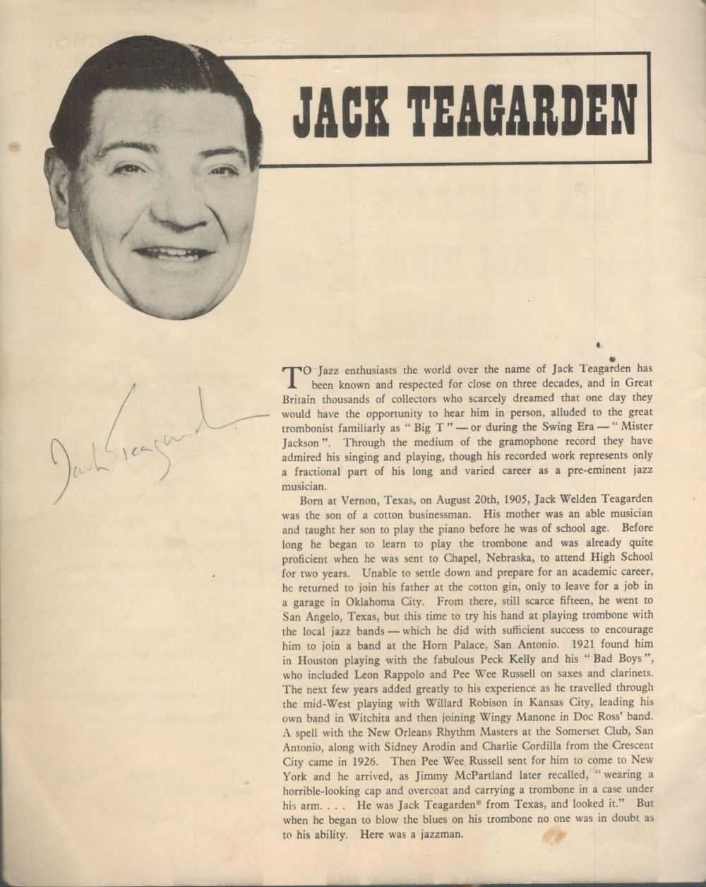 Lot 507: Jack Teagarden and Earl Hines Signed Vintage Souvenir...