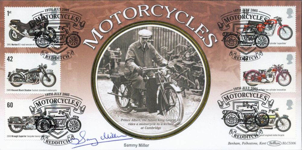 Lot 628: Sammy Miller signed Motorcycles FDC. 19/7/2005 Redditch postmark....