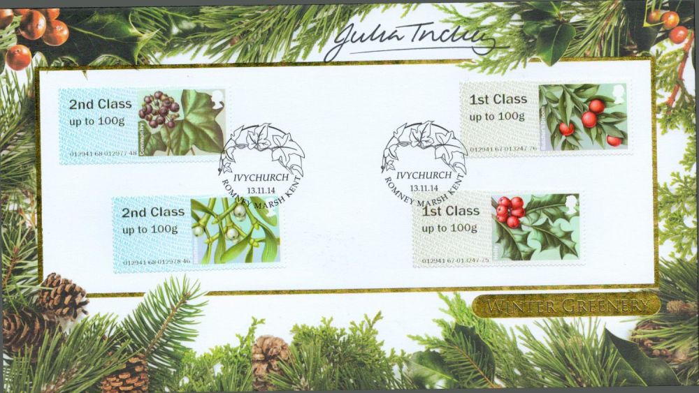 Lot 649: Julia Trickey signed Winter Greenery FDC. 13/11/14 Ivychurch...