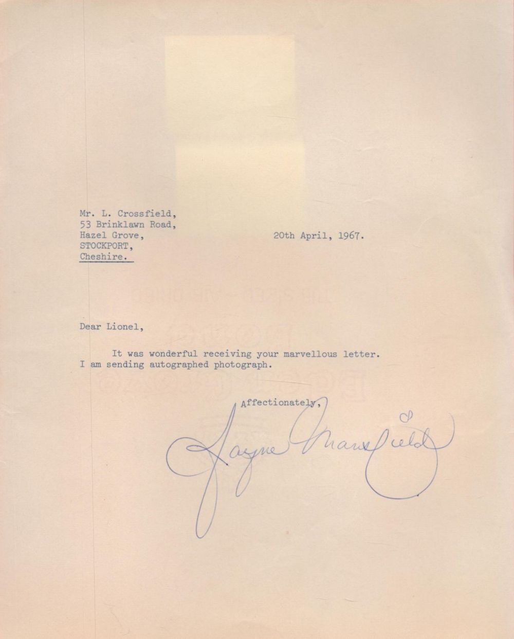 Lot 203: Jayne Mansfield Signed TLS Dated 20th April 1967....