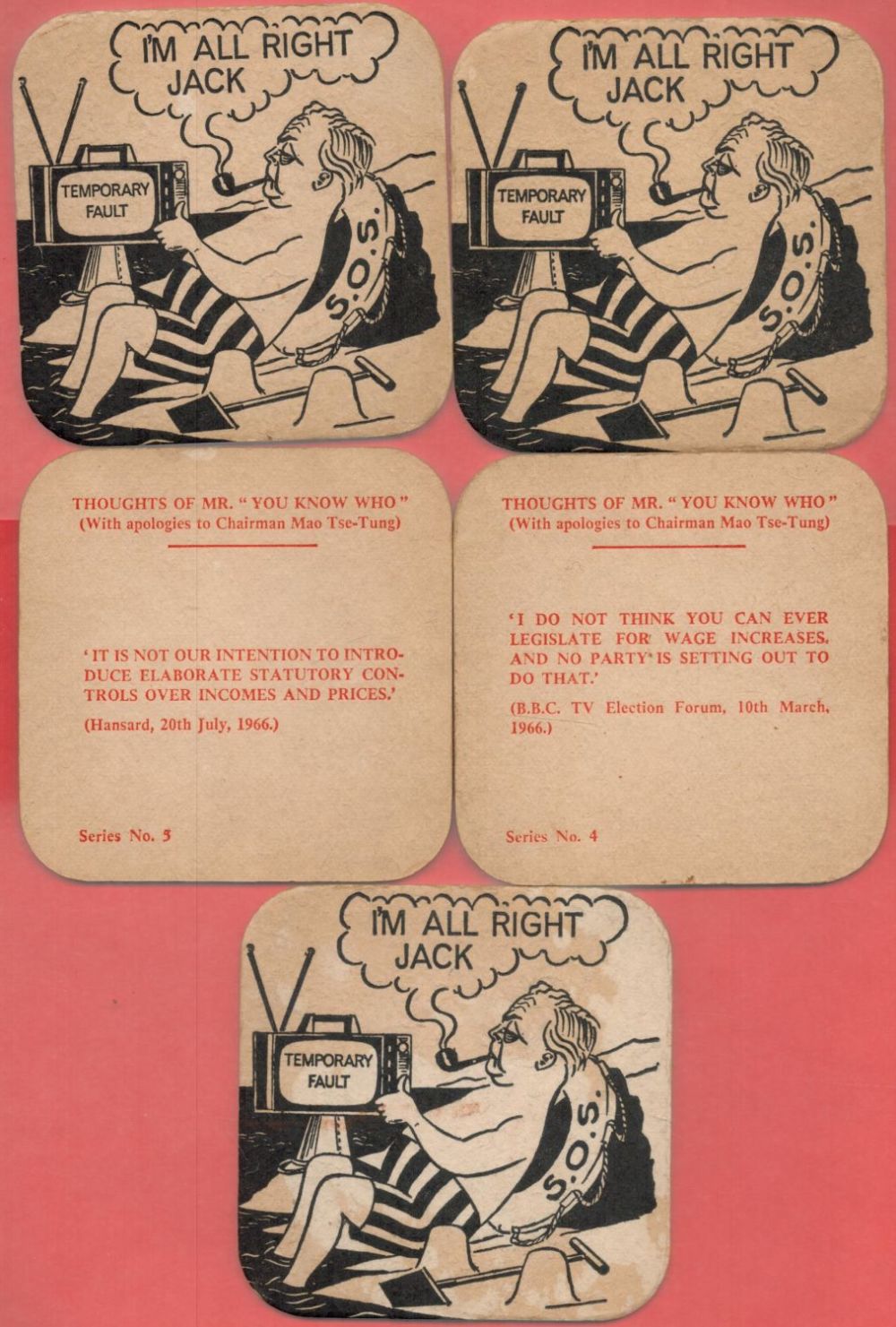 Lot 338: Beer mats featuring Harold Wilson in a deckchair,...