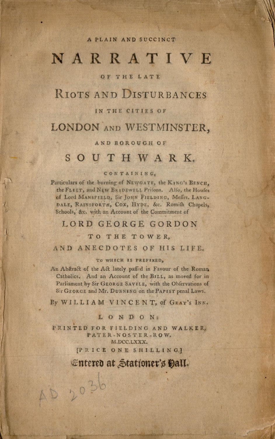 Lot 402: William Vincent of Grays Inn, London A Plain...