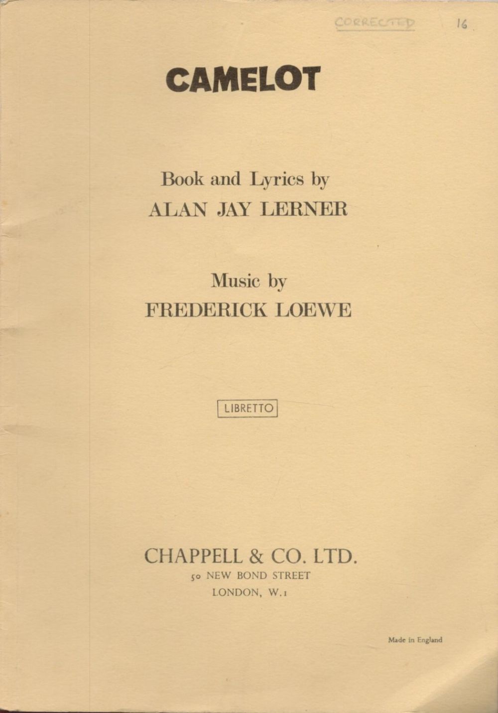 Lot 64: Rehearsal Booklet for Camelot. Lots Of Corrected Notes...