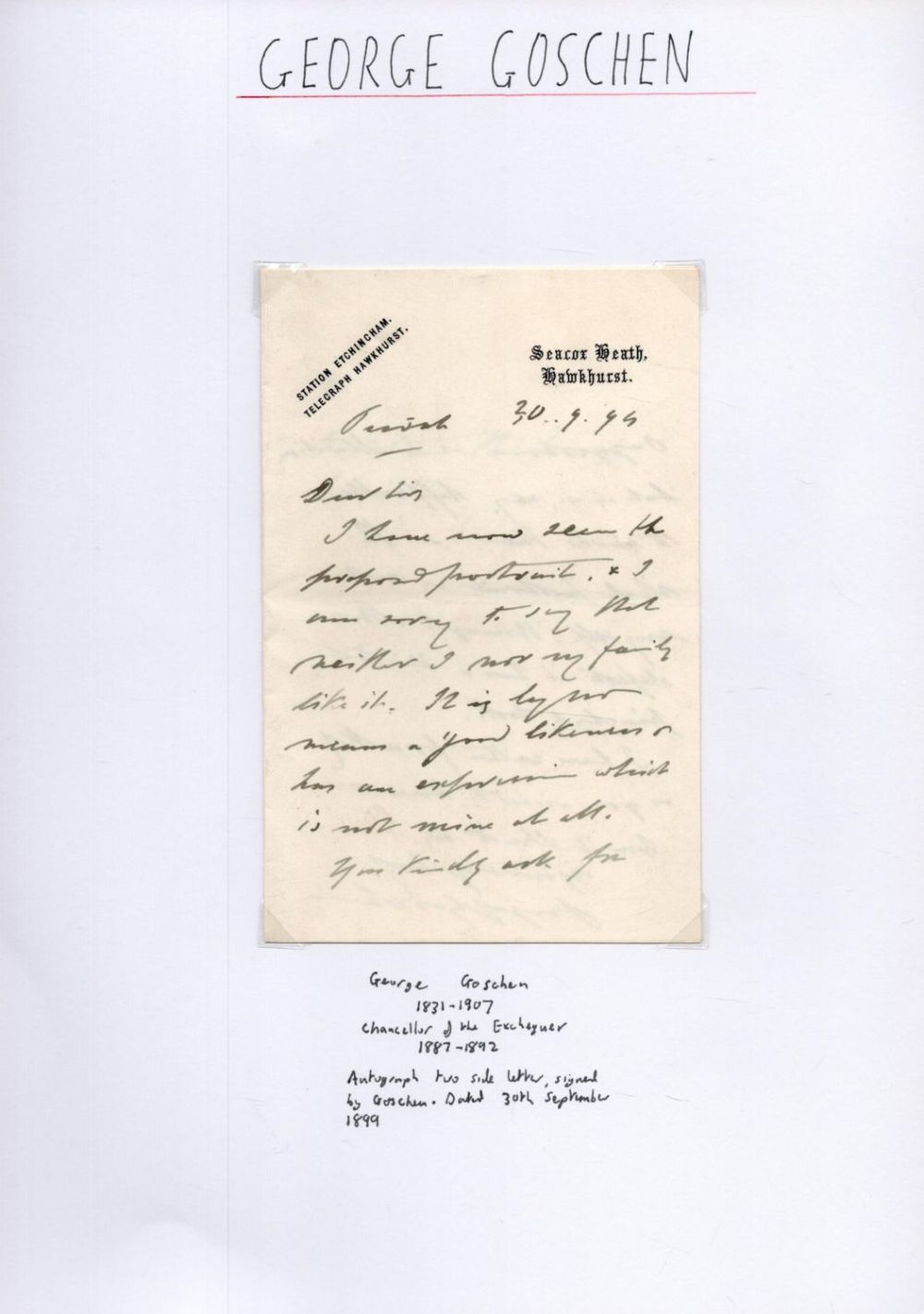 Lot 73: George Goschen Signed ALS Dated 30.9.1895. Written and...