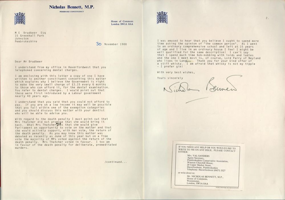 Lot 130: Nicholas Bennett MP House of Commons ALS dated...