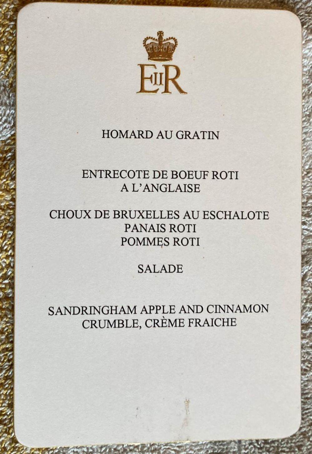 Lot 159: Queen Elizabeth II Sandringham house dinner menu with...