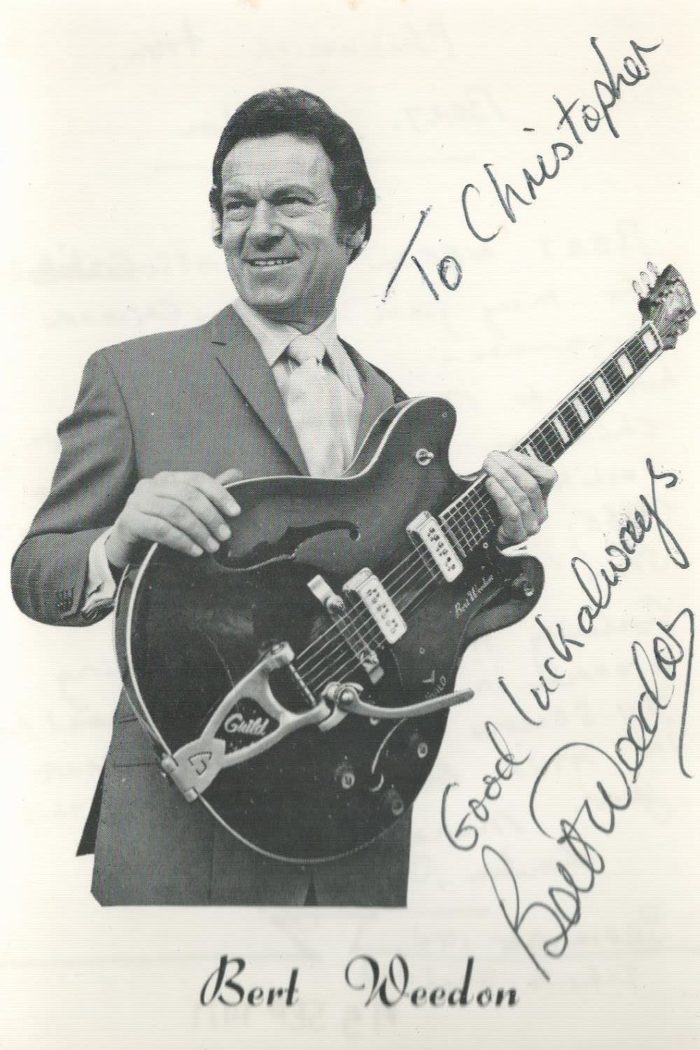 Lot 586: Bert Weedon signed 6x4 black and white photo....
