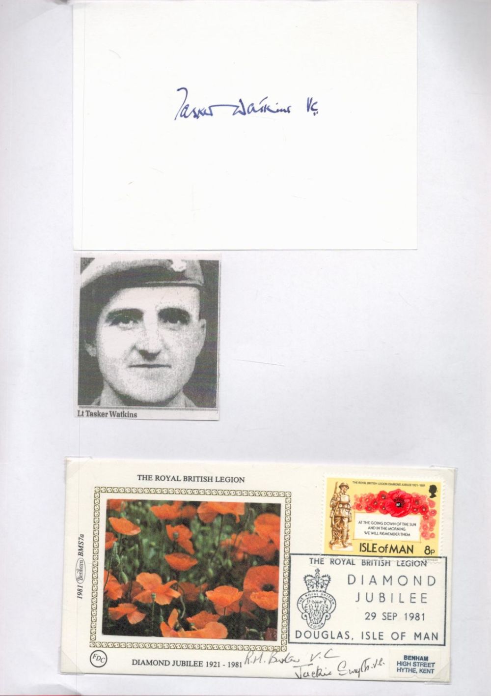 Lot 156: Collection of 3 VC Winners Signed. Tasker Watkins...