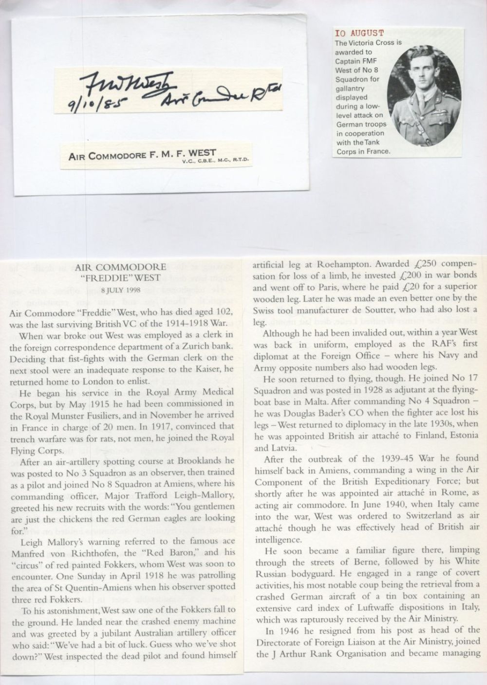 Lot 171: Air Commodore Freddie West VC Signed Signature Piece...