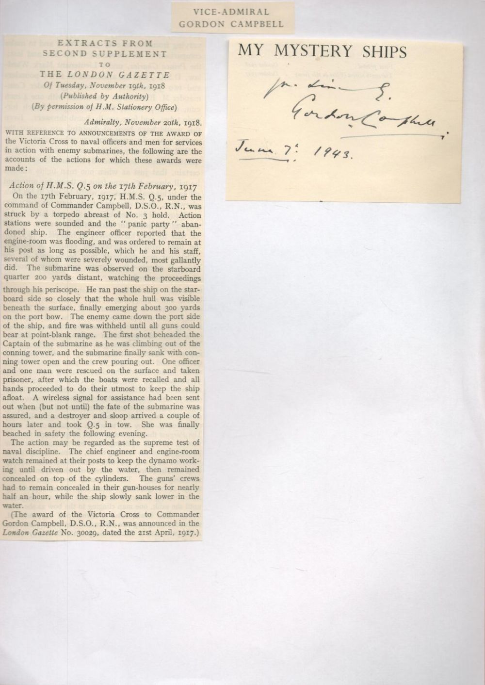 Lot 205: Vice Admiral Gordon Campbell Signed Signature Cutting With...