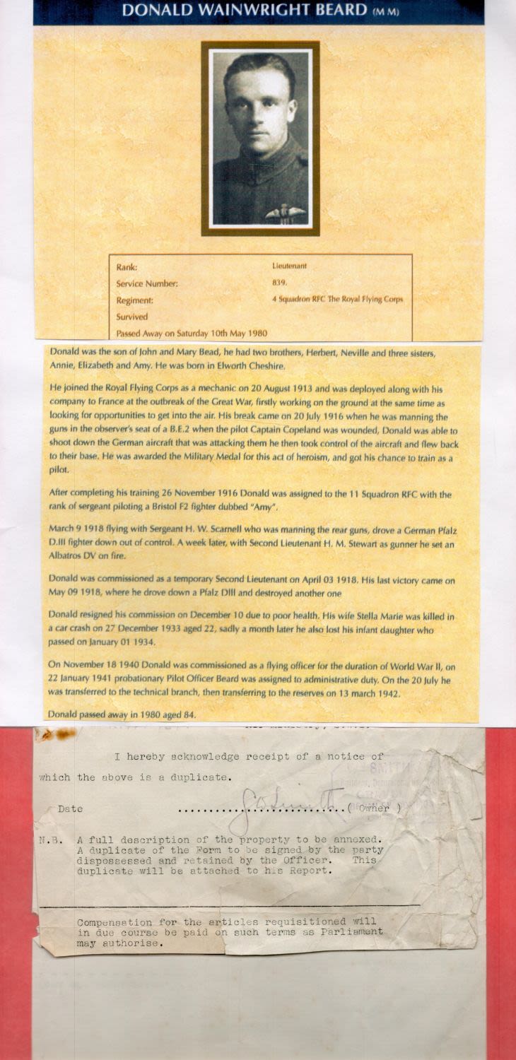 Lot 209: WW1 British Flying Ace Donald Beard Signed Form...