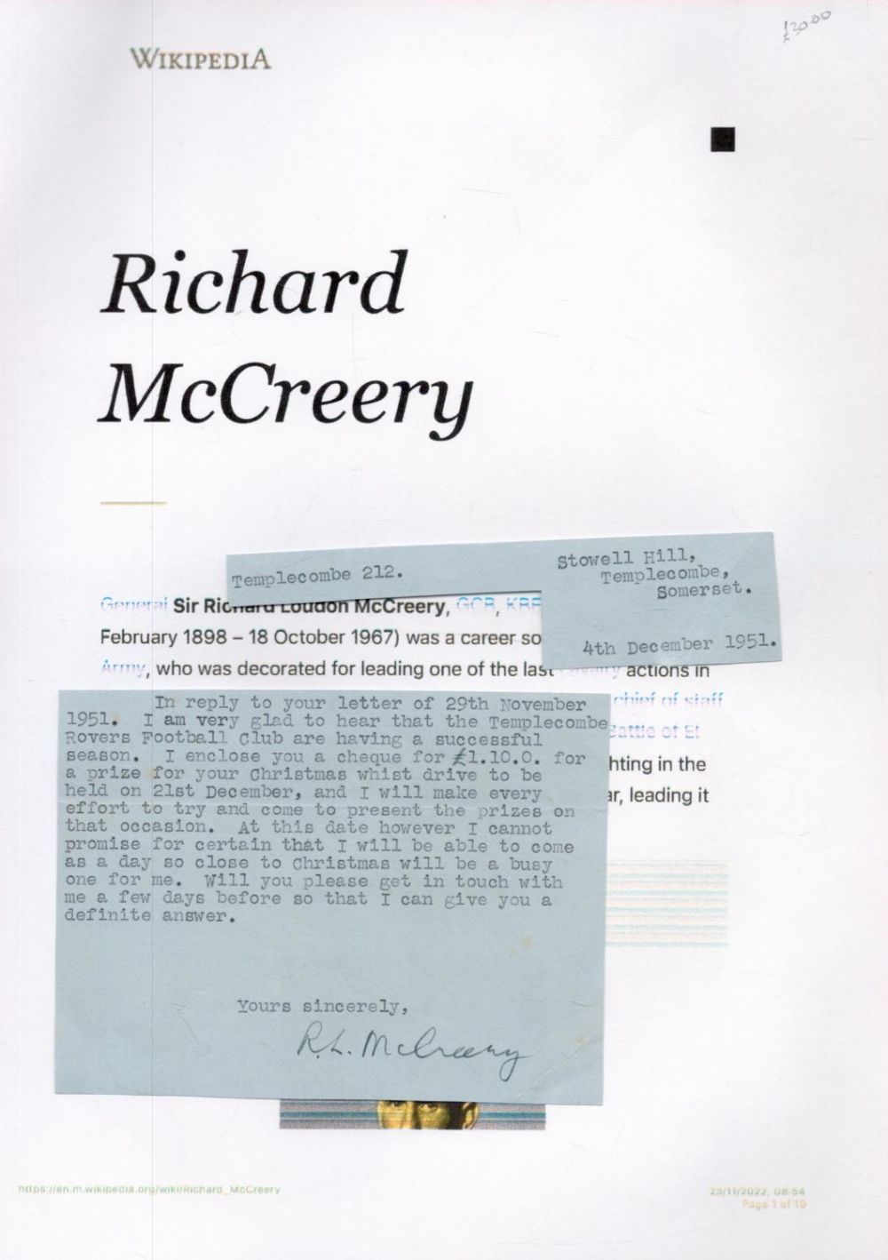Lot 256: General Sir Richard L McCreery, GCB, KBE, DSO,...
