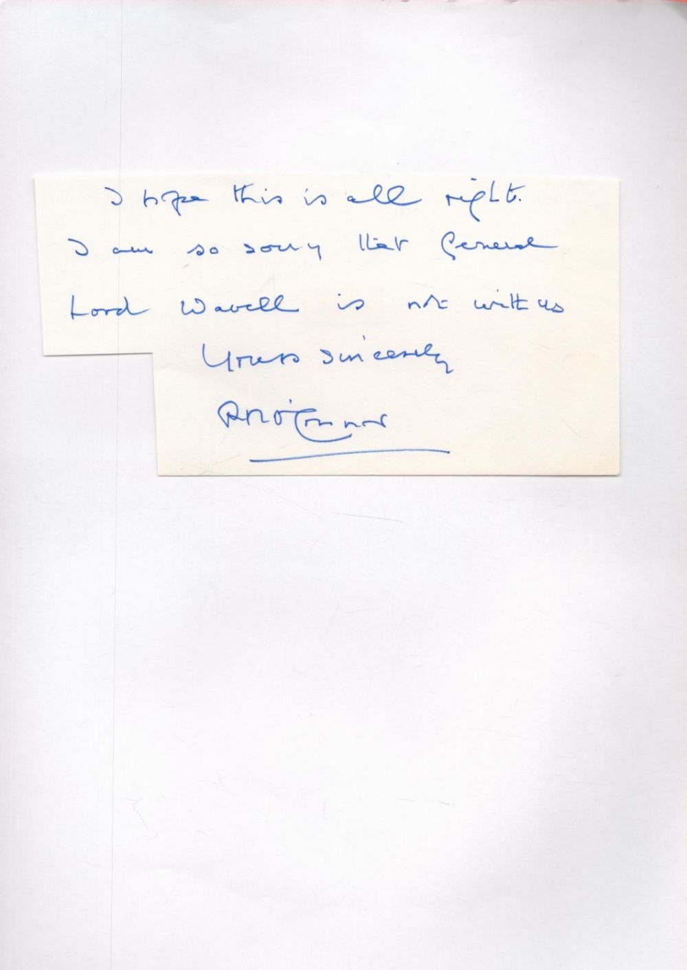 Lot 261: General Richard O'Connor Signed Handwritten Note in Blue...