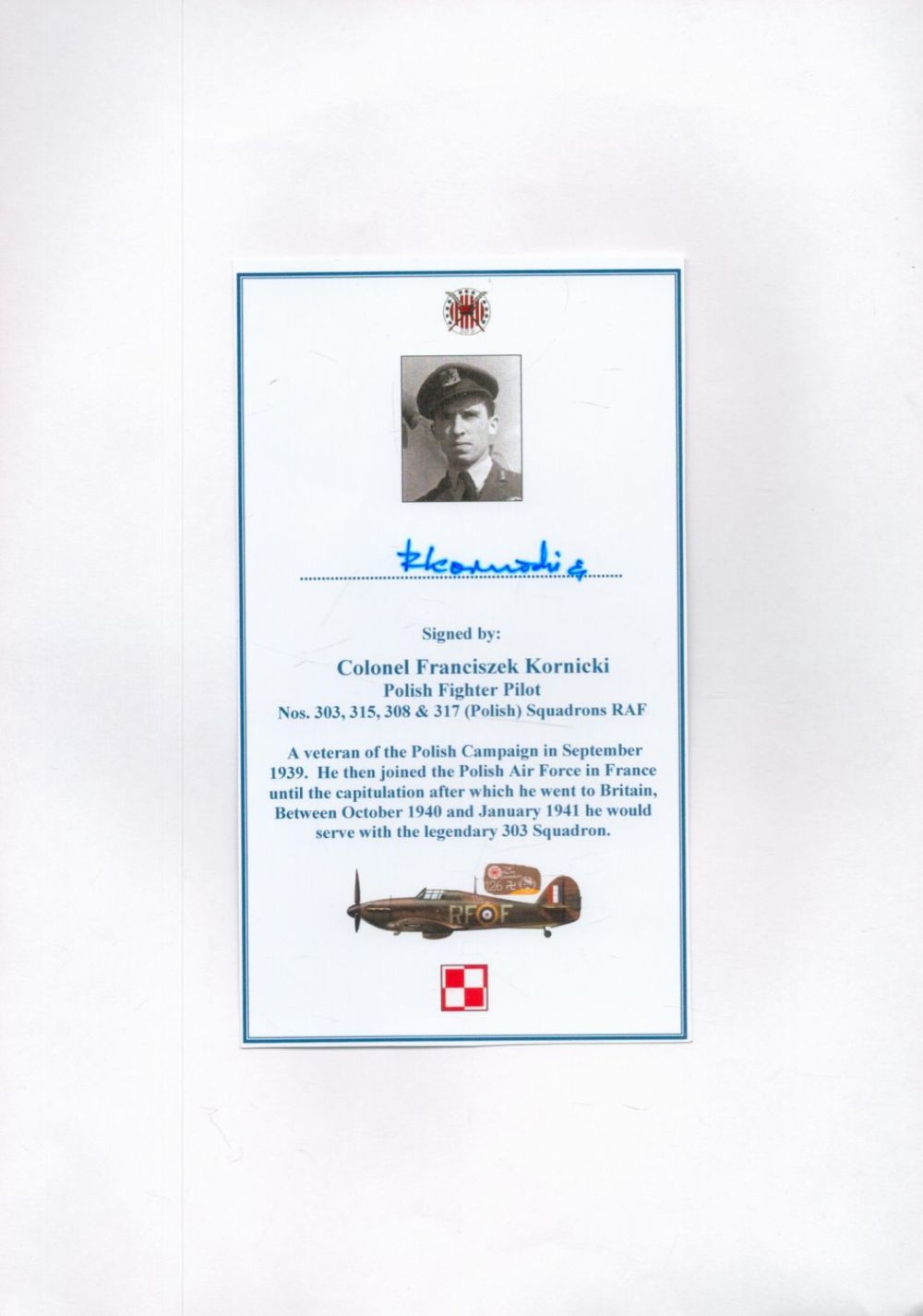 Lot 267: Colonel Franciszek Kornicki Signed Personalised Polish Fighter Squadron...