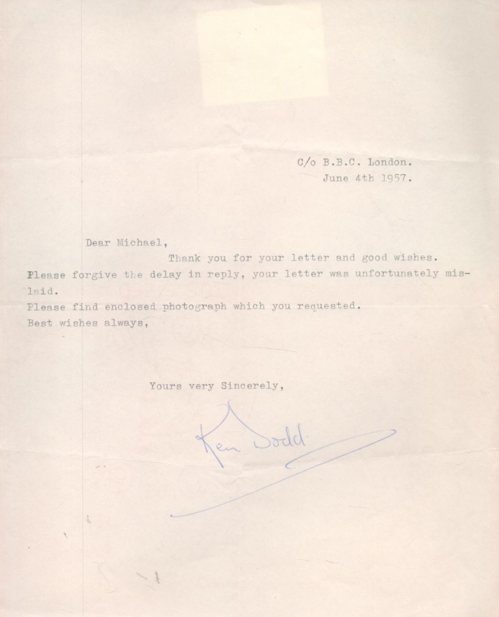 Lot 510: Ken Dodd TLS Dated 4th June 1957. Signed...