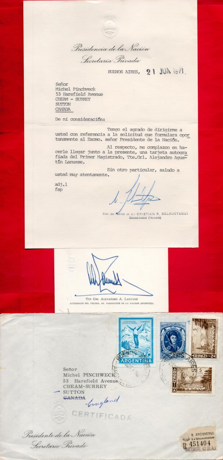 Lot 159: Alejandro Agustin Lanusse signed card, typed letter from...