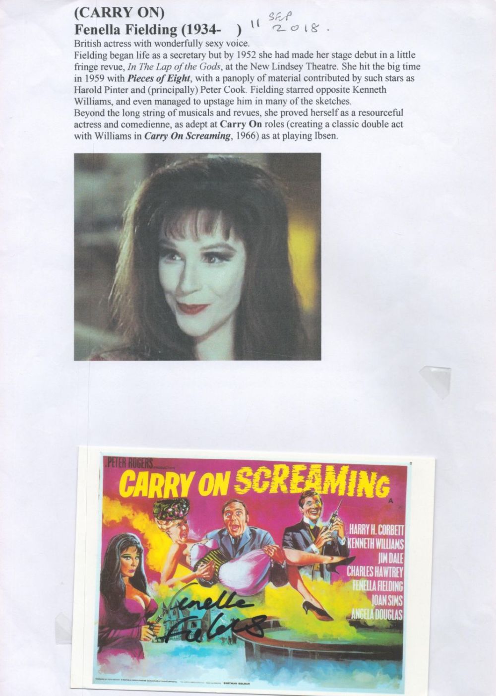 Lot 201: Fenella Fielding signed Carry on Screaming 6x4 promo...
