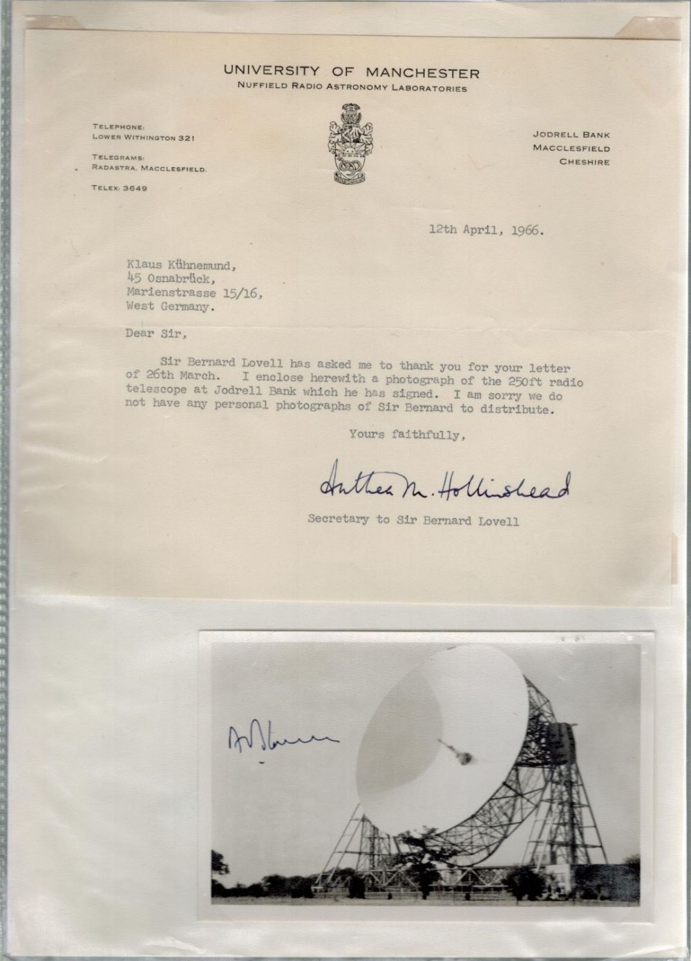 Lot 227: Sir Bernard Lovell signed 6x4 black and white...