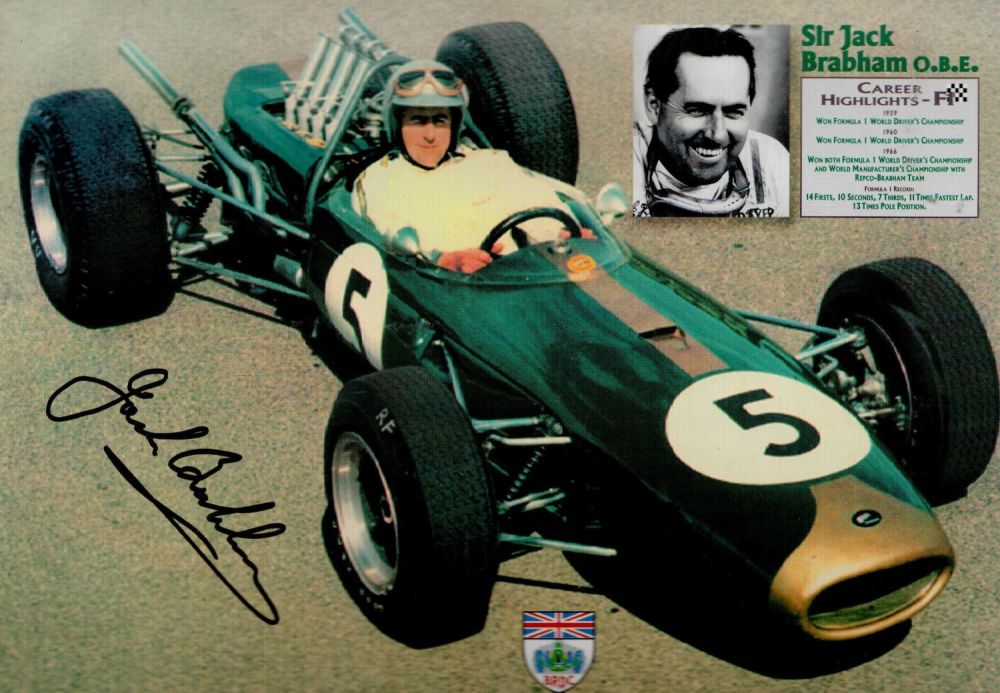 Lot 254: Sir Jack Brabham signed 8x6 colour photo card....