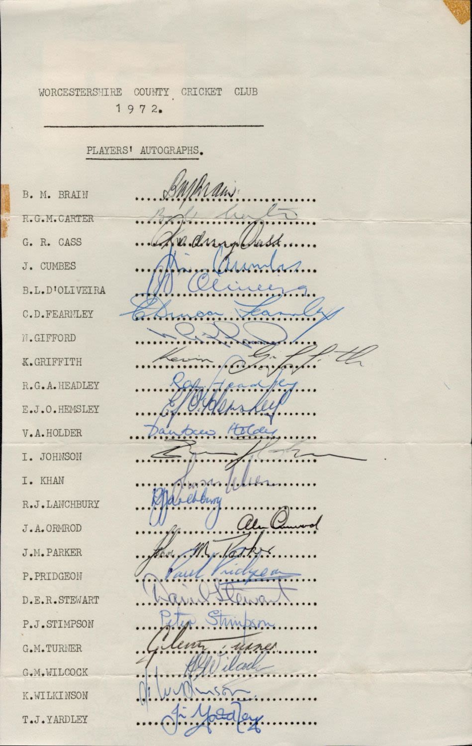 Lot 71: Cricket Worcestershire County Cricket Club 1972 multi signed...