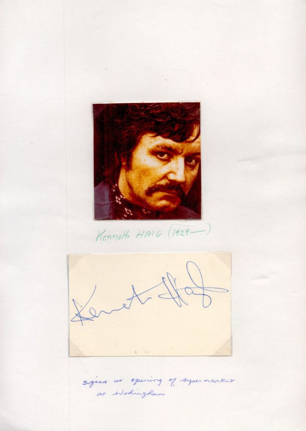 Lot 358: Kenneth Haig Signed Autograph Card, Attached to A4...