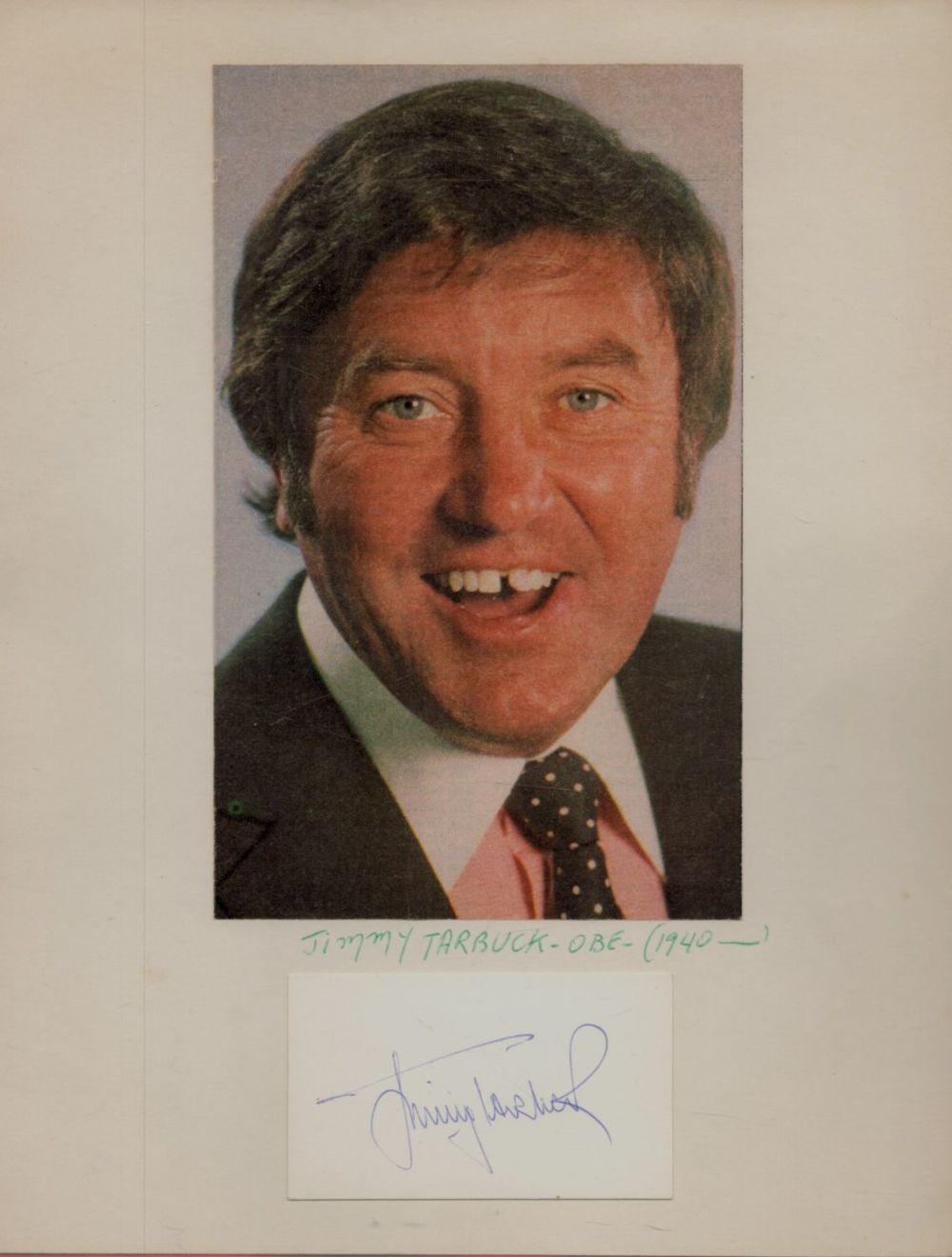 Lot 364: Jimmy Tarbuck OBE Signed Autograph Card, Attached to...
