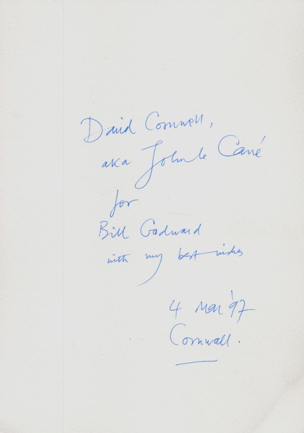 Lot 393: John Le Carre( David Cornwell) Signed A4 Card....