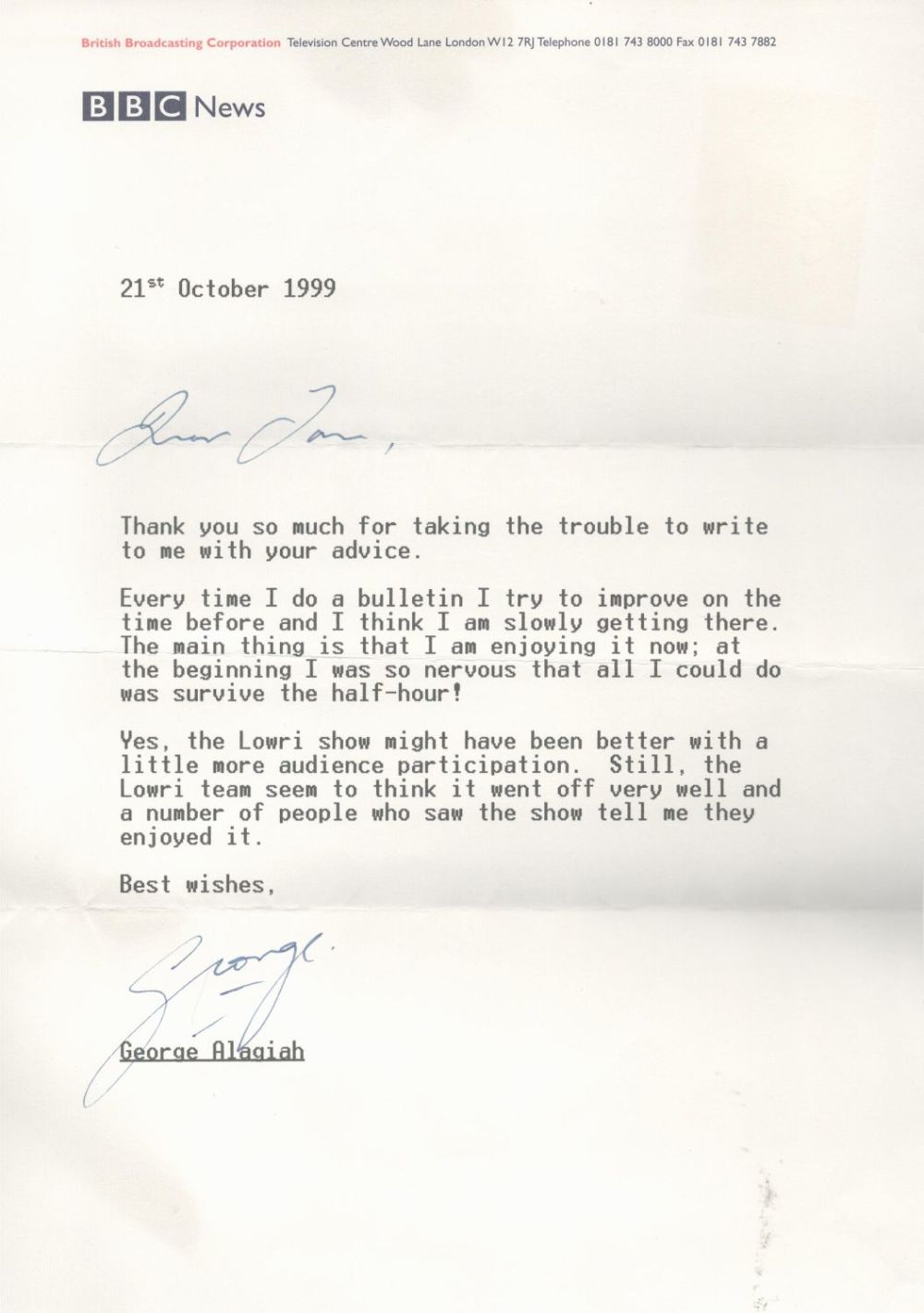 Lot 481: BBC's George Alagiah Signed TLS Dated 21st October...