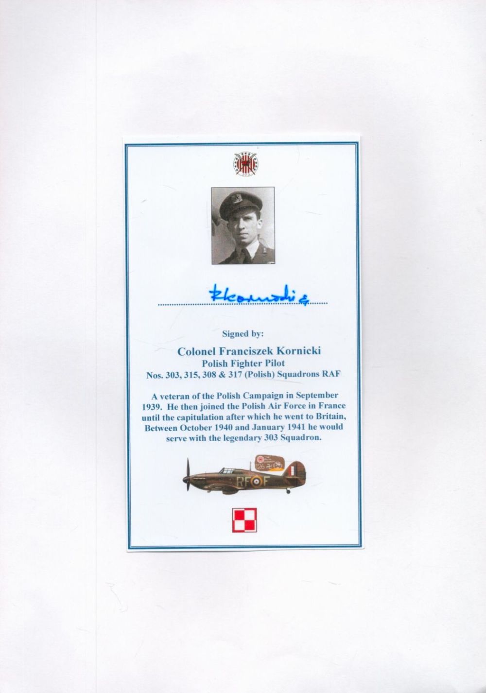 Lot 565: Colonel Franciszek Kornicki Signed Personalised Polish Fighter Squadron...