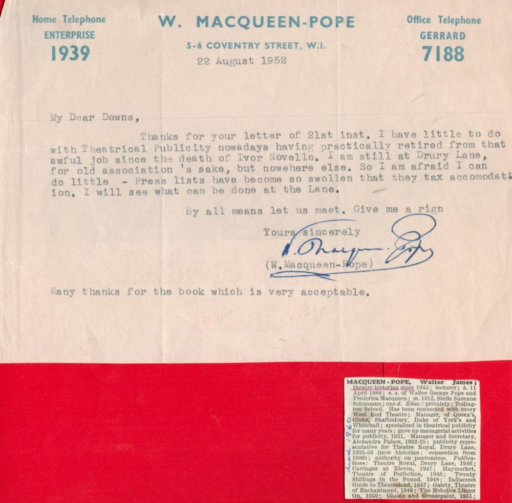 Lot 183: English theatre historian and publicist Walter James MacQueen-Pope...