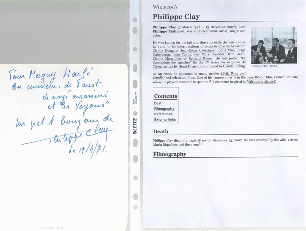 Lot 201: Philippe Clay signed handwritten note/letter. Comes with Wikipedia...
