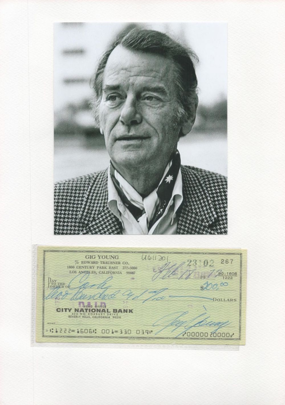 Lot 212: Gig Young signed City National Cheque dated 18th...