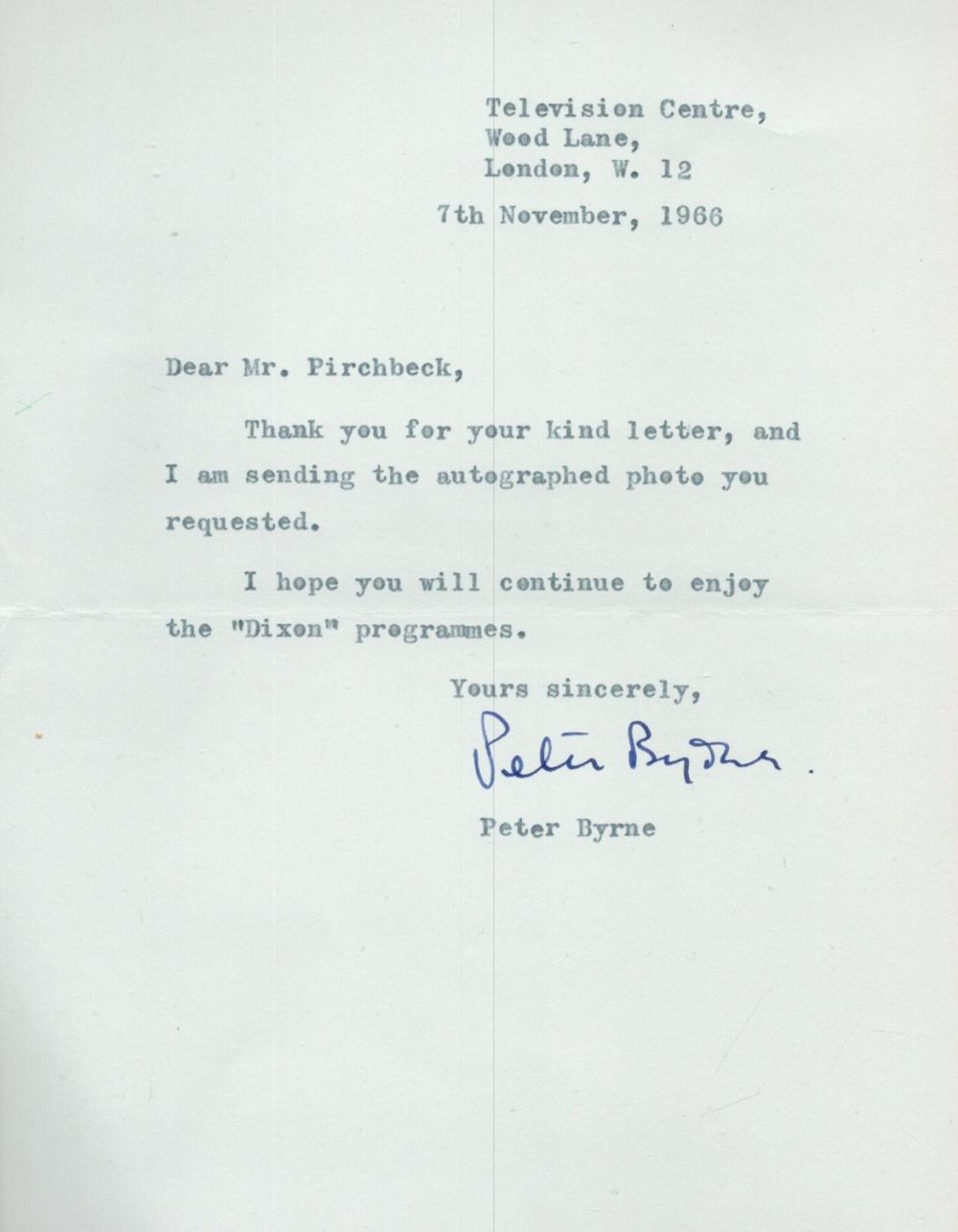 Lot 414: Peter Byrne actor Dixon of Dock Green TLS...