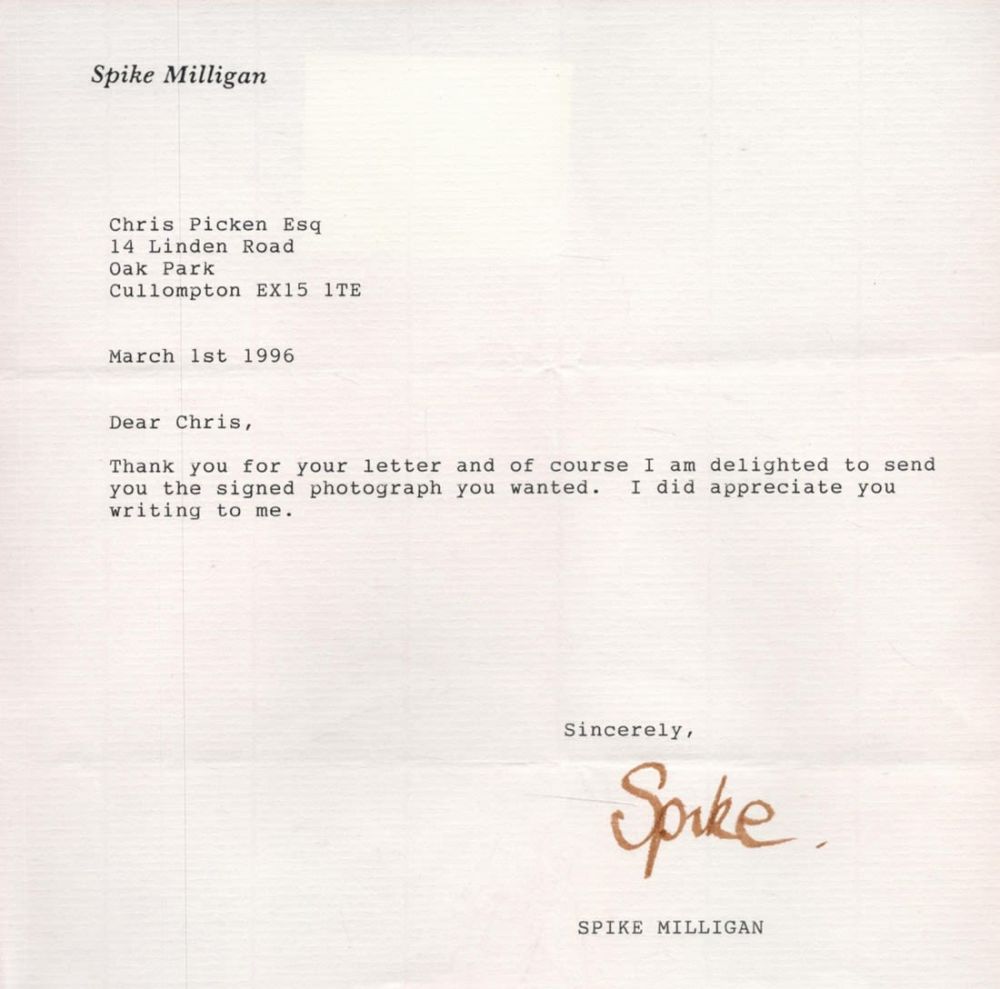Lot 425: Spike Milligan Signed TLS Dated March 1st 1996....