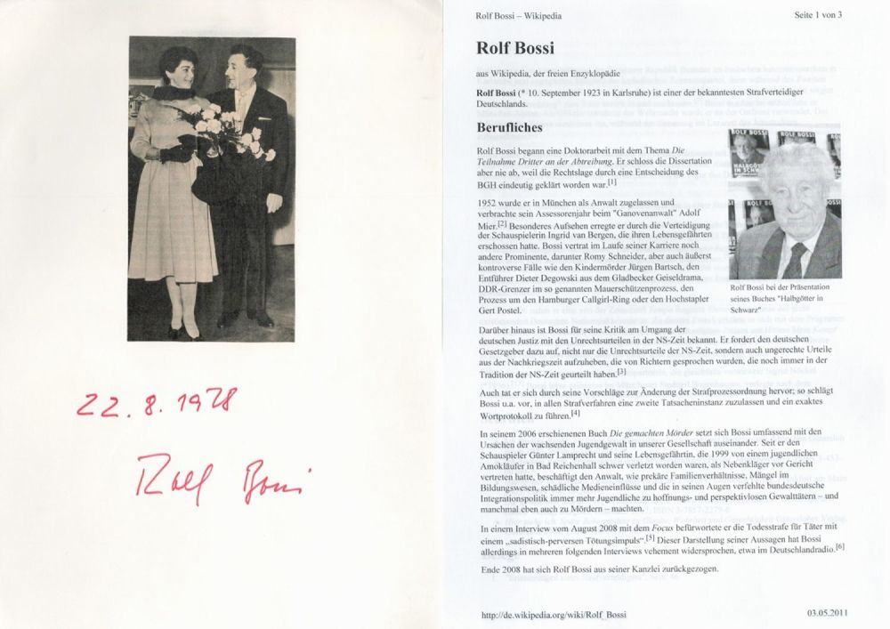 Lot 551: Rolf Bossi signed 12x8 card with 6x3 black...