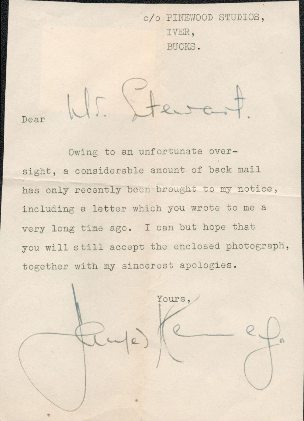 Lot 645: James Kenny Signed 1950's Vintage Letter from Pinewood...