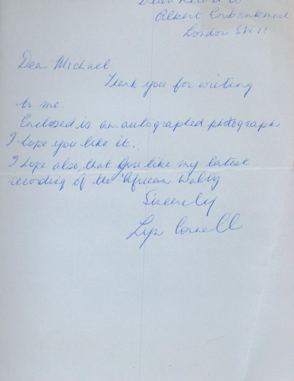 Lot 701: Singer Lyn Cornell hand written letter replying to...