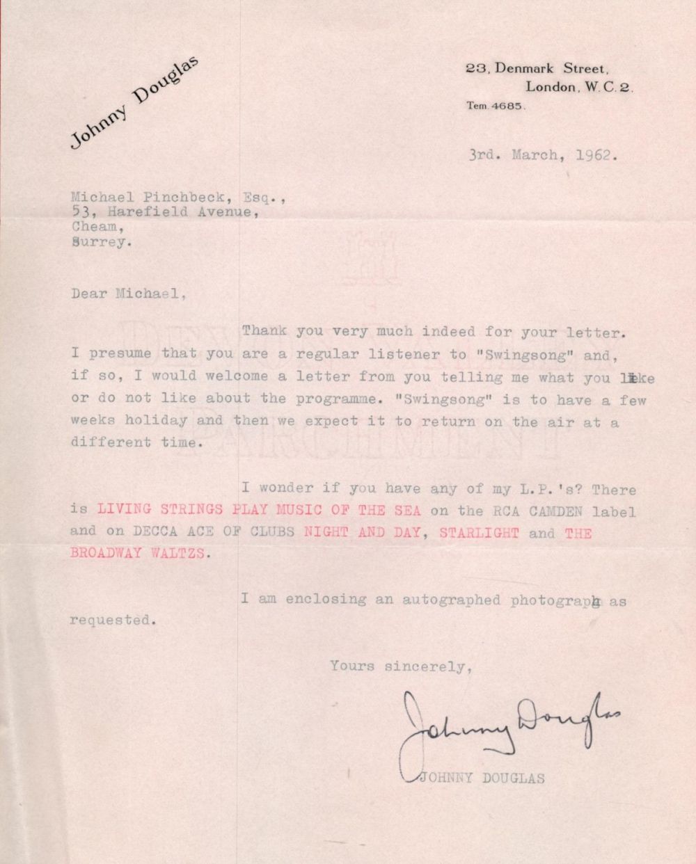 Lot 702: Composer Johnny Douglas TLS typed signed letter dated...