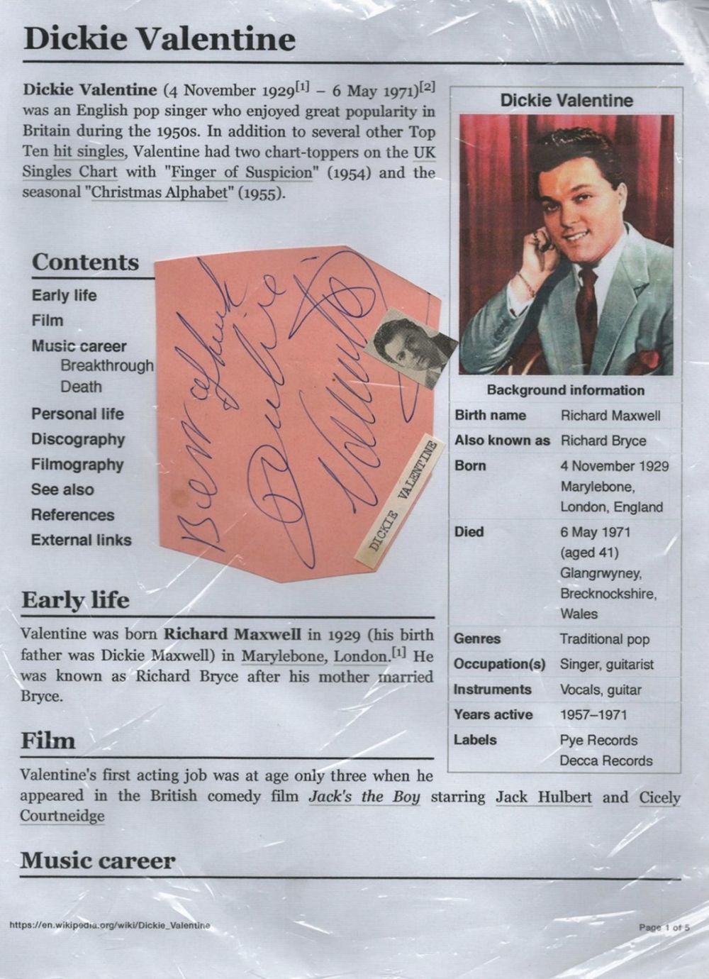 Lot 716: English Singer Dickie Valentine Signed Signature card. Signed...